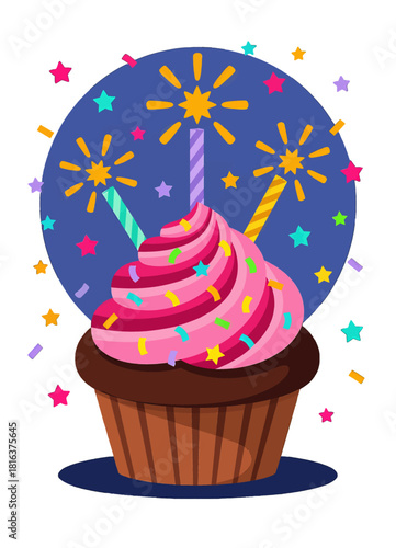 Festive cupcake with colorful frosting and sparklers