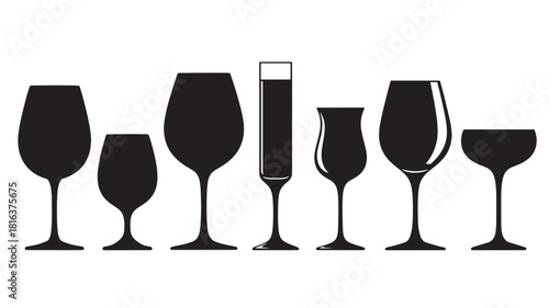 a collection of various wine glasses and a shot glass in black silhouette style on transparent background high quality professional detailed modern