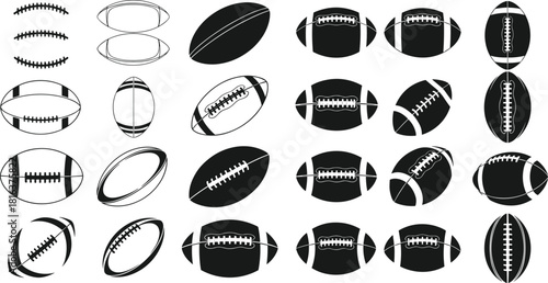 Mega collection of football vector icons, isolated American and rugby ball graphics, mixed line art and solid black styles for sports logo design