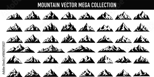 Mega collection of various mountain vector silhouettes, isolated black peaks, rugged and geometric shapes for outdoor, adventure, and landscape logo design