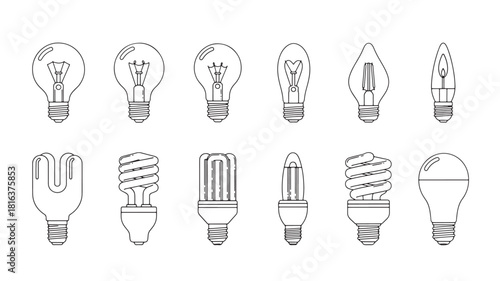 a collection of various light bulb designs including vintage and modern styles showcased in a linear style silhouette on transparent background