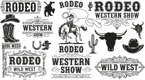 Rodeo Western Show Vintage Vector Set, Including Cow Skull, Cowboy Boots, Hat, Horse Rider, and Decorative Frames, Perfect for Wild West Event Flyers and Branding