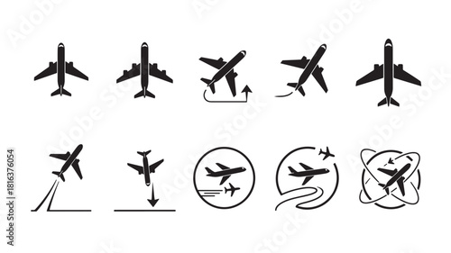 a collection of diverse airplane icons and symbols showcasing different flight paths and perspectives on transparent background silhouette high quality professional detailed