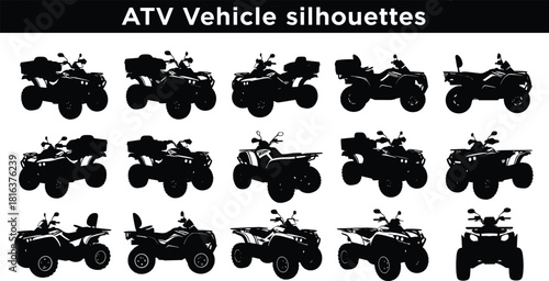 Set of All-Terrain Vehicle (ATV) vector silhouettes, isolated black quad bikes, various views for off-road adventure, travel, and powersports graphic design
