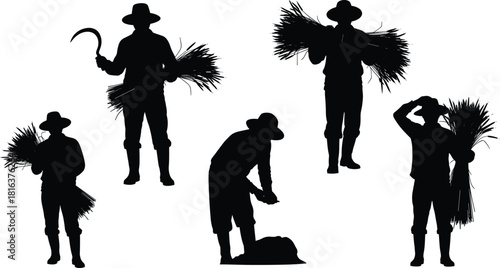 Set of agricultural farmer vector silhouettes, isolated figures harvesting grain, wheat, and holding a sickle, perfect for traditional rural labor graphics