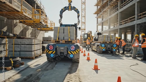 Robotic construction vehicle lifting blocks, workers on site, modern building in progress