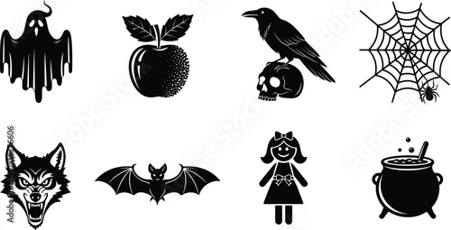 Set of black Halloween and gothic vector illustrations, spooky icons including ghost, raven, wolf head, magic cauldron, and wicked fairy tale apple