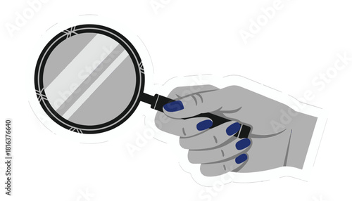 Hand Holding a Magnifying Glass with Blue Nail Polish