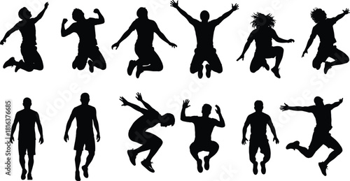 Set of black jumping and cheering people silhouettes, isolated vector illustrations, high energy poses symbolizing happiness, success, youth, and freedom