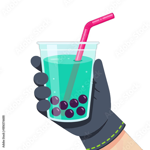 Hand Holding Green Boba Tea with Purple Pearls and Pink Straw