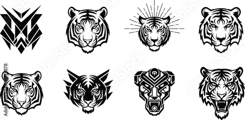 Photography Set of black tiger head silhouettes, vector illustrations, geometric and realist