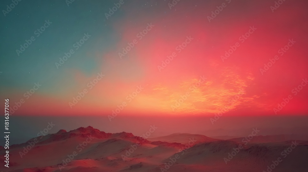 Obraz premium Alien planet landscape at sunset showing an extraterrestrial atmosphere with a dramatic red sky and desert mountains