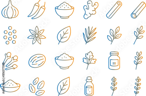 Collection of line art icons representing various spices, herbs, roots, and seasonings, perfect for culinary or cooking themes, isolated on white background