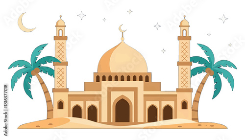 Islamic Mosque with Twin Minarets and Palm Trees