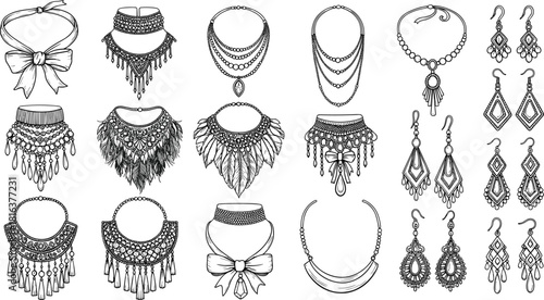 Set of detailed fashion jewelry vector line art illustrations, necklaces, chokers, dangle earrings, and luxury accessories, perfect for boutique and apparel design