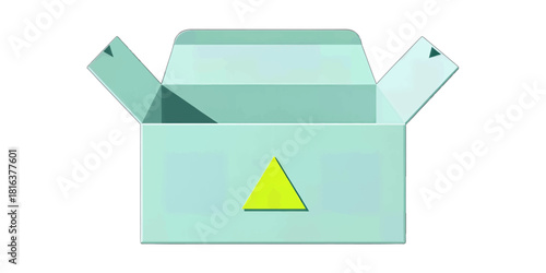 Open cardboard box with a yellow triangle