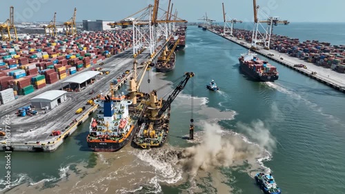 Aerial view of a busy port with container ships, cranes, and dredging operations