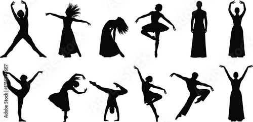 Set of Female Dancer Silhouettes, Performing Ballet and Modern Dance Poses, Black Vector Illustration Pack for Arts, Theatre, Dance Studio Logos, and Creative Movement Graphics