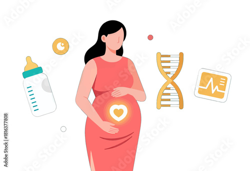 Pregnant Woman with Heart, DNA, and Medical Symbols