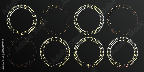 Set of eight golden dotted circle frames on black background