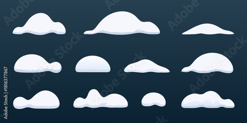 Collection of cartoon snow caps and snowdrifts on a dark blue background
