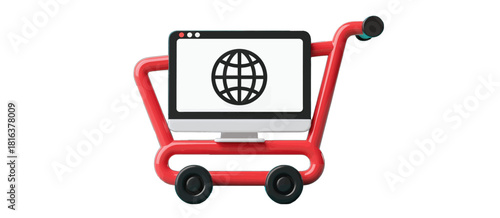Red Shopping Cart with Laptop Showing Globe Icon