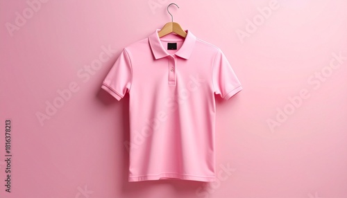 Pink polo shirt hanging on wooden hanger against pink wall, showcasing monochromatic fashion and minimalism.