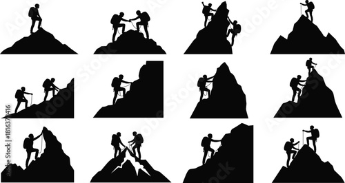Set of Mountain Climber Silhouettes, People Hiking and Rock Climbing on Peaks, Black Vector Illustration Pack for Adventure, Success, Challenge, and Outdoor Sport Logos and Banners