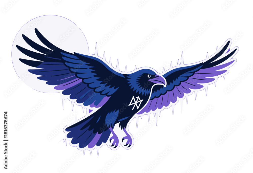 Obraz premium Stylized Raven in Flight with Moon Elements and Icy Edges