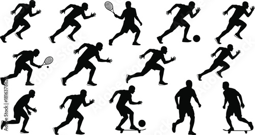 Set of running athlete vector silhouettes, isolated black figures, action poses including soccer, tennis, and skateboarding for multi-sport graphic design