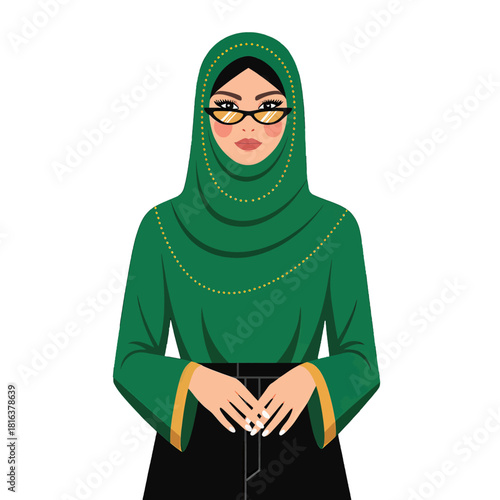 Stylish woman in green hijab and glasses
