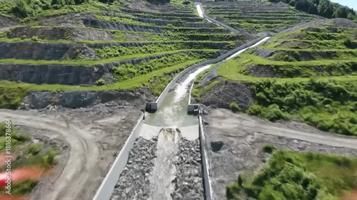 Aerial view of a terraced landscape with a water channel running through and green vegetation