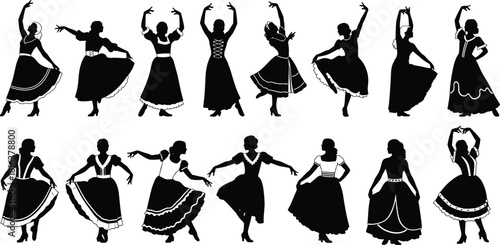 Set of traditional folk dancer vector silhouettes, isolated graceful female figures in period costumes, twirling and posing for theatre and cultural graphic design