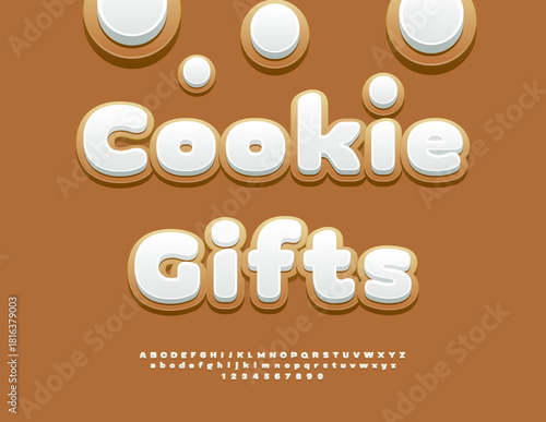 Vector Festive template Cookie Gifts. Gingerbread Font with White Cream. Sweet set of Alphabet Letters and Numbers