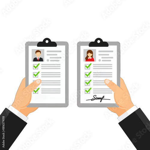 Two Clipboards Showing Approved Resumes Held by Business Hands