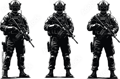 Set of three black tactical soldier vector illustrations, highly detailed silhouettes of military or SWAT figures in full combat gear and uniform
