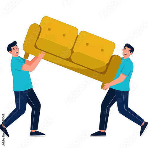 Two cheerful men carrying a large yellow sofa