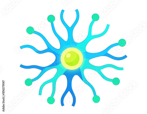 Vibrant Blue and Green Neuron Cell with Glowing Yellow Core