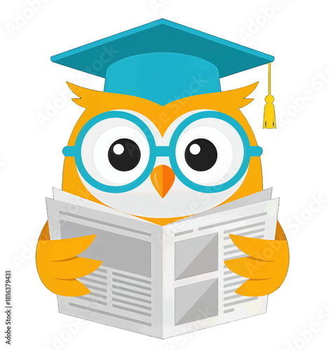 Wise Owl with Graduation Cap Reading a Book
