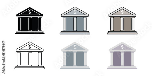 Classic Bank Building Icon Set - Finance, Investment, and Monetary Institution Symbol Vector in Flat and Outline Styles