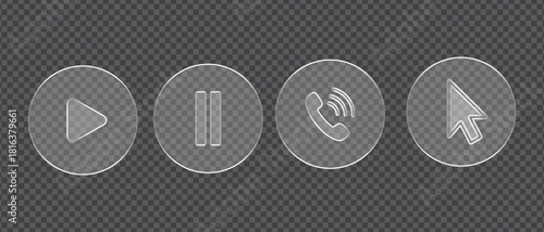 Transparent Play, Pause, Phone, and Cursor Buttons on Checkered Background for Interface Design