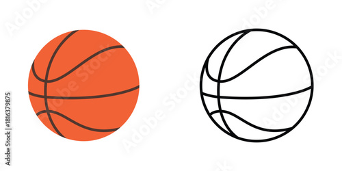 Basketball Icon Vector Set - Classic Orange Sport Ball Symbol in Flat Color and Outline Style for Game and Competition