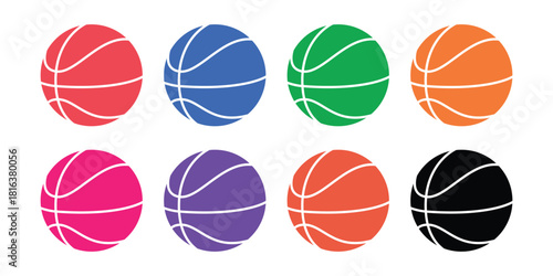 Colorful Basketball Vector Icon Set - Vibrant Flat Sports Ball Collection for Games, Competition, and Recreation