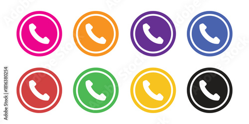 Colorful Telephone Call Icon Set - Bold Circular Buttons with White Receiver Symbol for Mobile App UI and Contact Vector