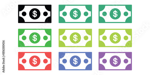 Colorful Dollar Banknote Vector Icon Set - Flat Money Bill Symbol Collection for Finance, Payment, and Cash Transaction Concepts