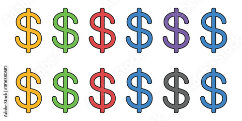Colorful Dollar Sign Vector Icons Set - US Currency Symbol Collection for Pricing, Finance, and Money Concepts