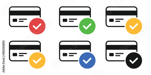 Payment Success and Failure Vector Icons Set - Credit Card with Green Check Mark for Approval or Red Cross for Decline