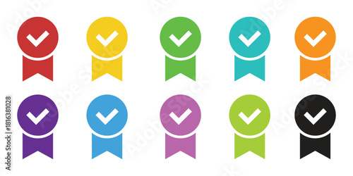 Certified Quality Ribbon Badge Icon Set Vector, Approved Check Mark Guarantee Seal Symbol, Premium Award Graphic