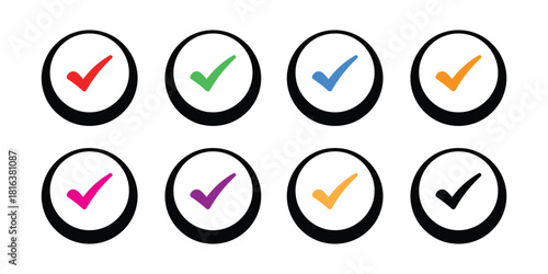Colorful Check Mark Icon Set with Shadow Vector, Approved Success Button Symbol, Circular Tick Graphic