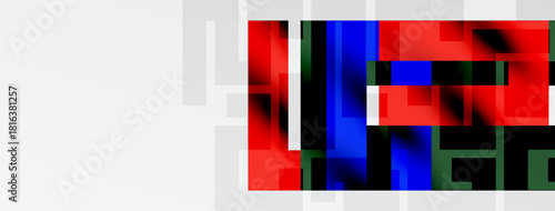 Abstract digital art. Red, blue, black, green squares form complex pattern. White background provides contrast. Minimalist design.